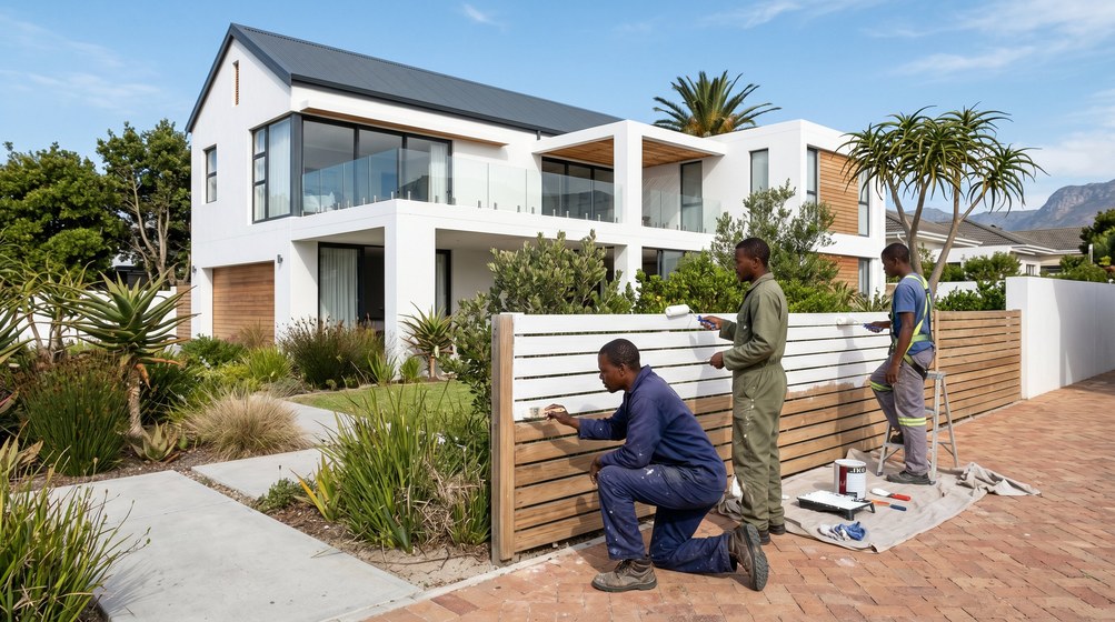 Professional fence painters painting a wooden fence at a coastal home in Plumstead