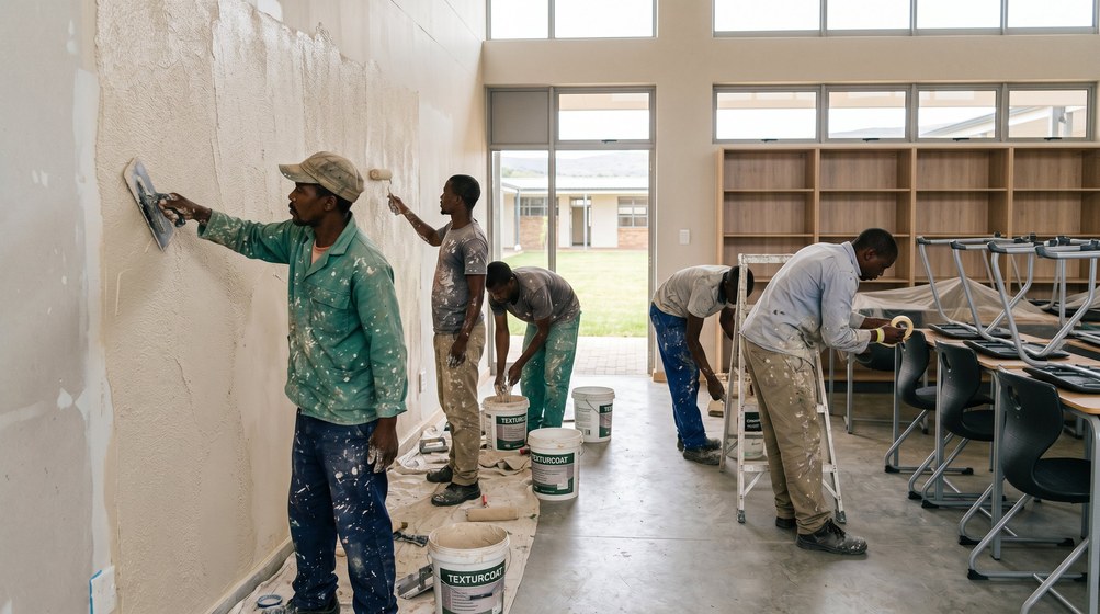 Professional texture coating team applying Texturcoat to interior walls in Plumstead