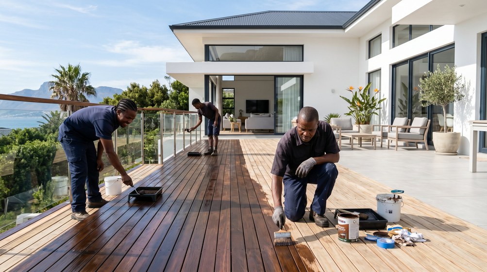 Professional wood staining team applying deck stain overlooking the ocean in Plumstead